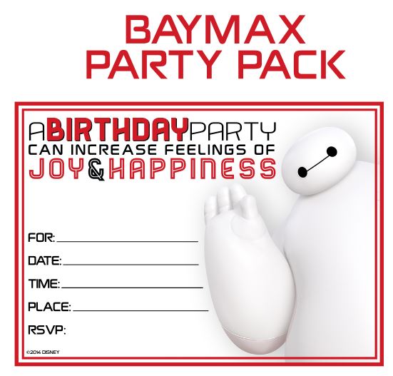 baymax party printable party pack If you are planning a birthday party for your little one this printable party pack is perfect. Each Baymax party pack includes: Invitations Thank You Cards Banners Circle Labels Food Picks Gift Bag Eyes Food Tents Gift Tags