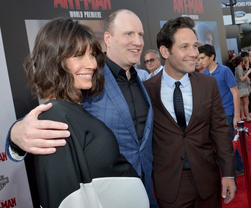 LOS ANGELES, CA - JUNE 29: (L-R) Actress Evangeline Lilly, producer Kevin Feige and actor Paul Rudd attend the world premiere of Marvel's "Ant-Man" at The Dolby Theatre on June 29, 2015 in Los Angeles, California. (Photo by Charley Gallay/Getty Images) *** Local Caption *** Evangeline Lilly;Kevin Feige;Paul Rudd