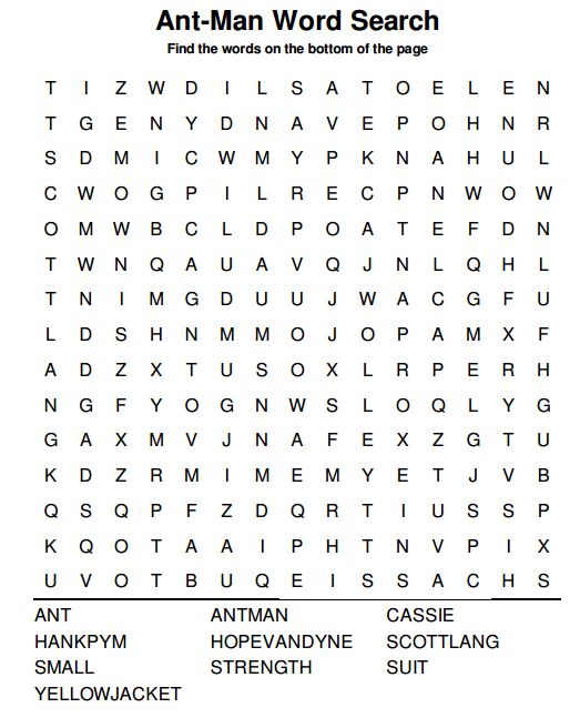 Free Antman printable wordsearch activity