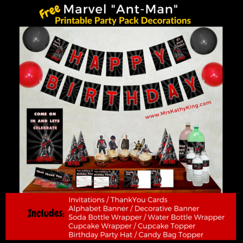 The Free Marvel Ant-Man Party Pack includes Invitations Thank You Cards AlphabetBanner Decorative Banner Soda Bottle Wrapper Water Bottle Wrapper Birthday Party Hat Cupcake Wrapper Cupcake Topper Candy Bag Topper (Click on the image download}